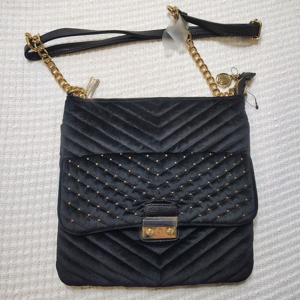 NEW Big Buddha Quilted Black Gold Faux Velvet Rivet Zip Snap Shoulder Handbag